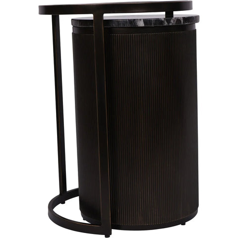 Black nesting side tables with ribbed cylindrical base.