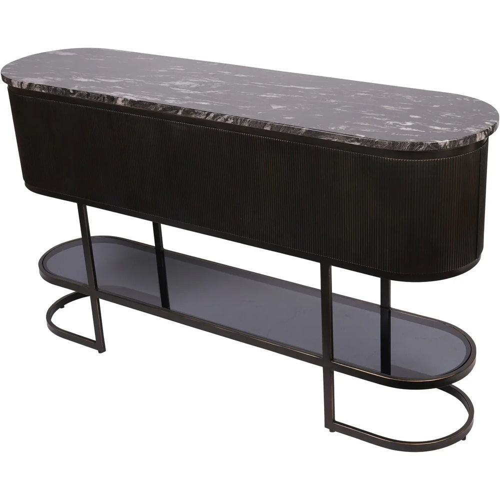 Black console table with marble top and lower glass shelf.