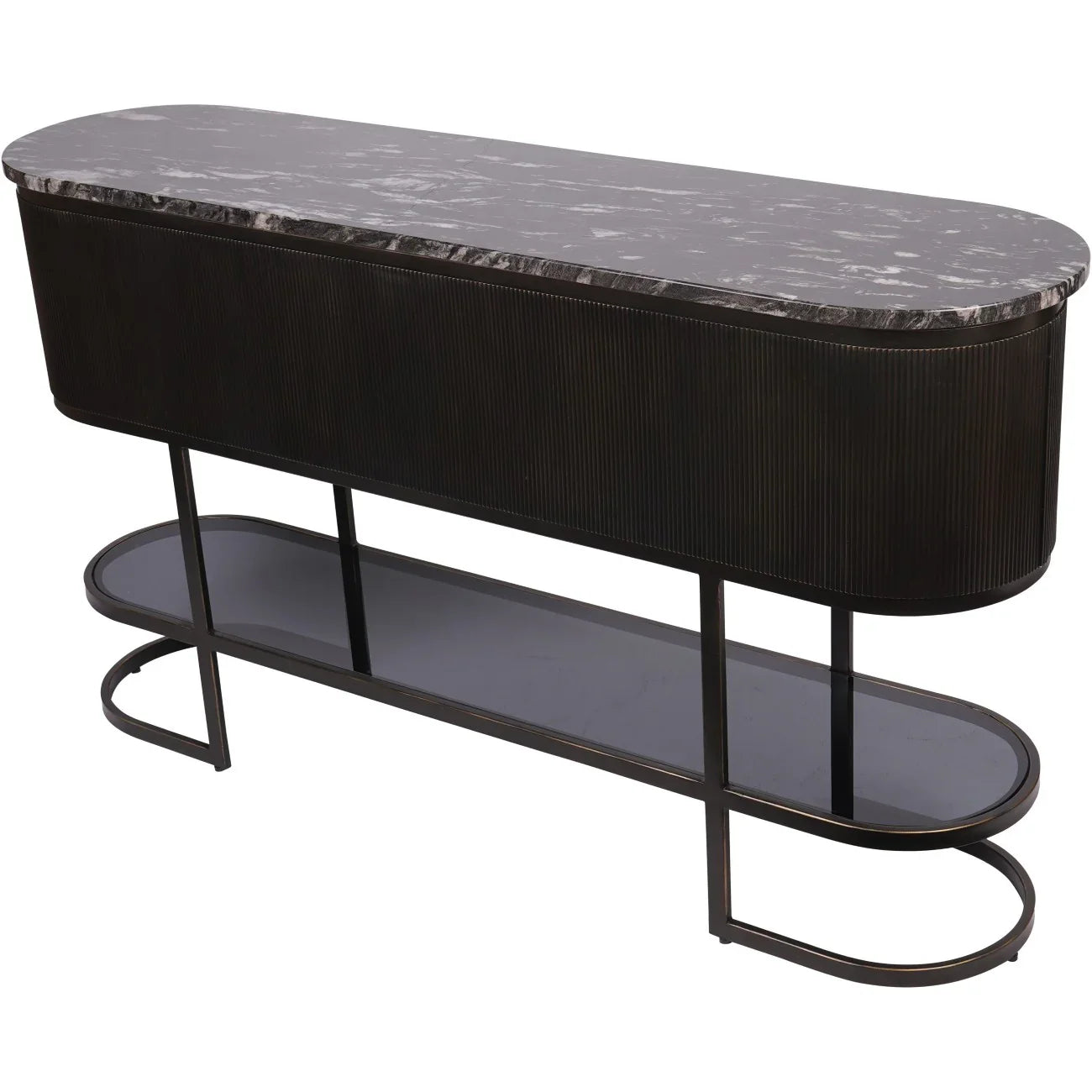 Black console table with marble top and lower glass shelf.