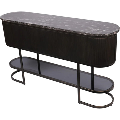 Black console table with marble top and lower glass shelf.