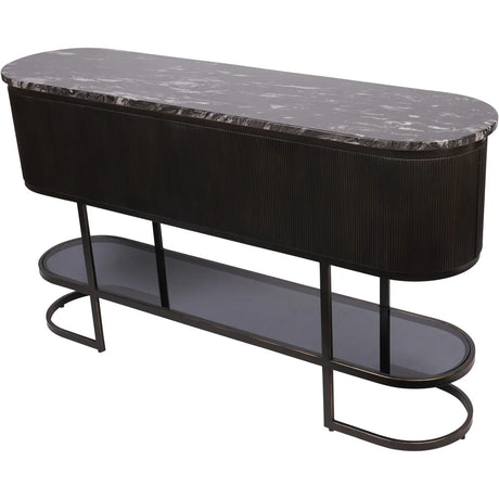 Black console table with marble top and lower glass shelf.