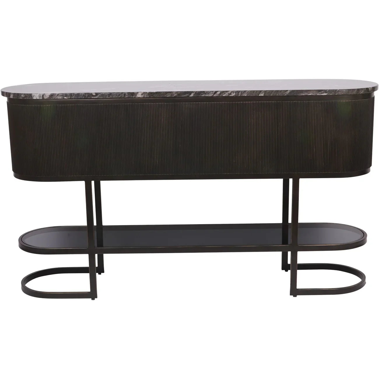 Black console table with ribbed texture and marble top, featuring lower shelf.