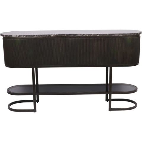 Black console table with ribbed texture and marble top, featuring lower shelf.