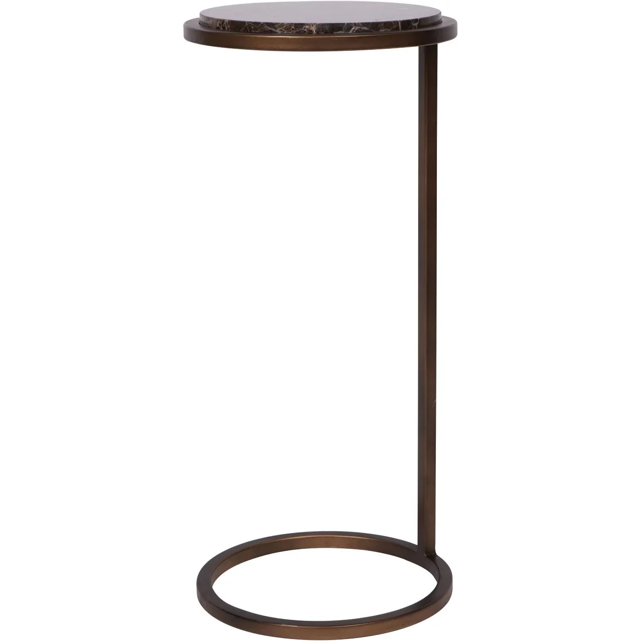 Brown marble top accent table with circular metal base.