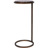 Brown marble top accent table with circular metal base.