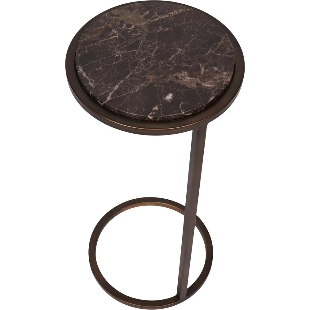 Brown marble-topped accent table with a sleek metal frame.