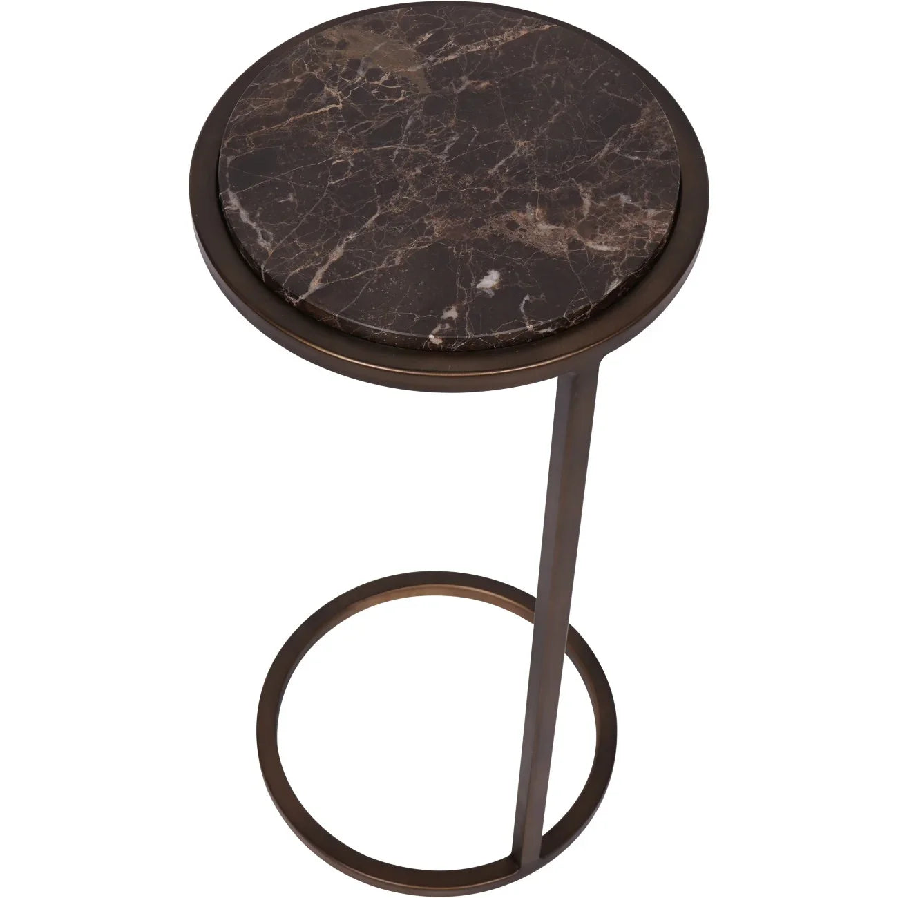 Brown marble-topped accent table with a sleek metal frame.