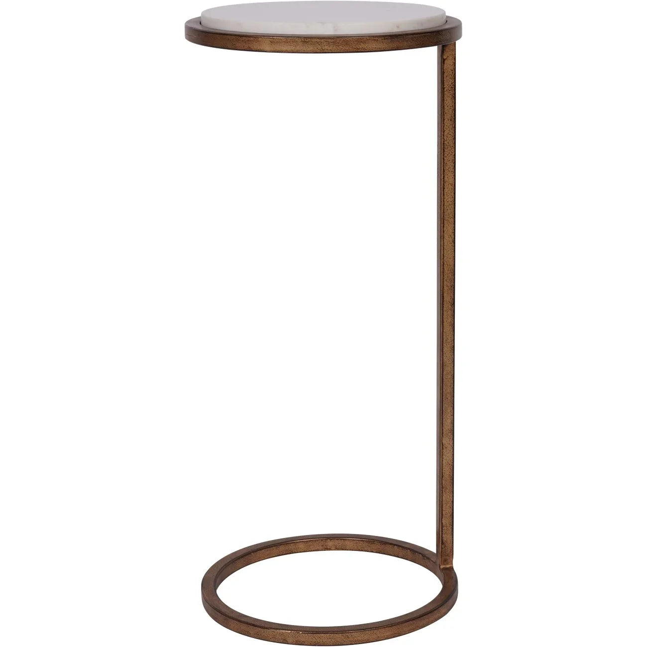 White marble-topped accent table with bronze metal frame.