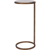 White marble-topped accent table with bronze metal frame.