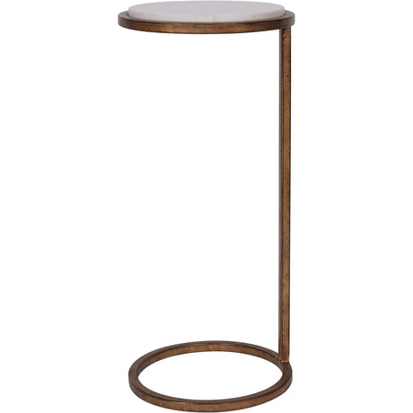 White marble-topped accent table with bronze metal frame.