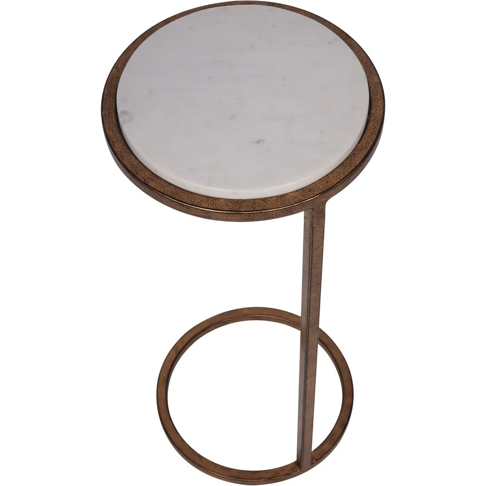 White marble round table with bronze metal frame and circular base.