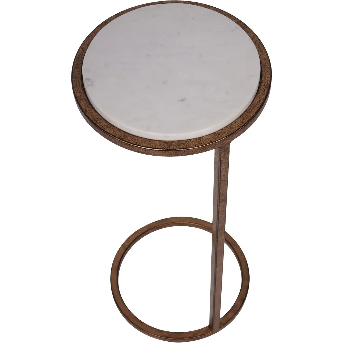 White marble round table with bronze metal frame and circular base.
