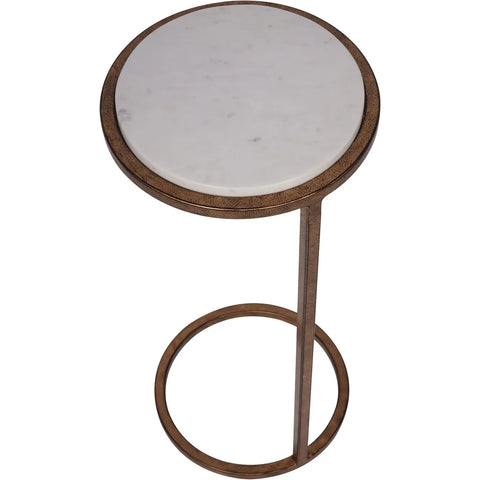 White marble round table with bronze metal frame and circular base.