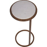 White marble round table with bronze metal frame and circular base.
