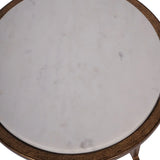 White marble tabletop with subtle veining and bronze edge detail.