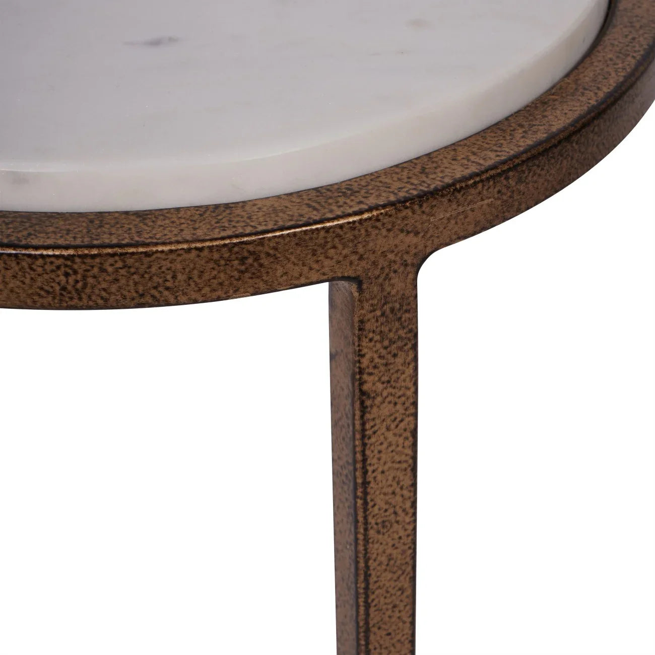 White marble table top with speckled brown metal frame.