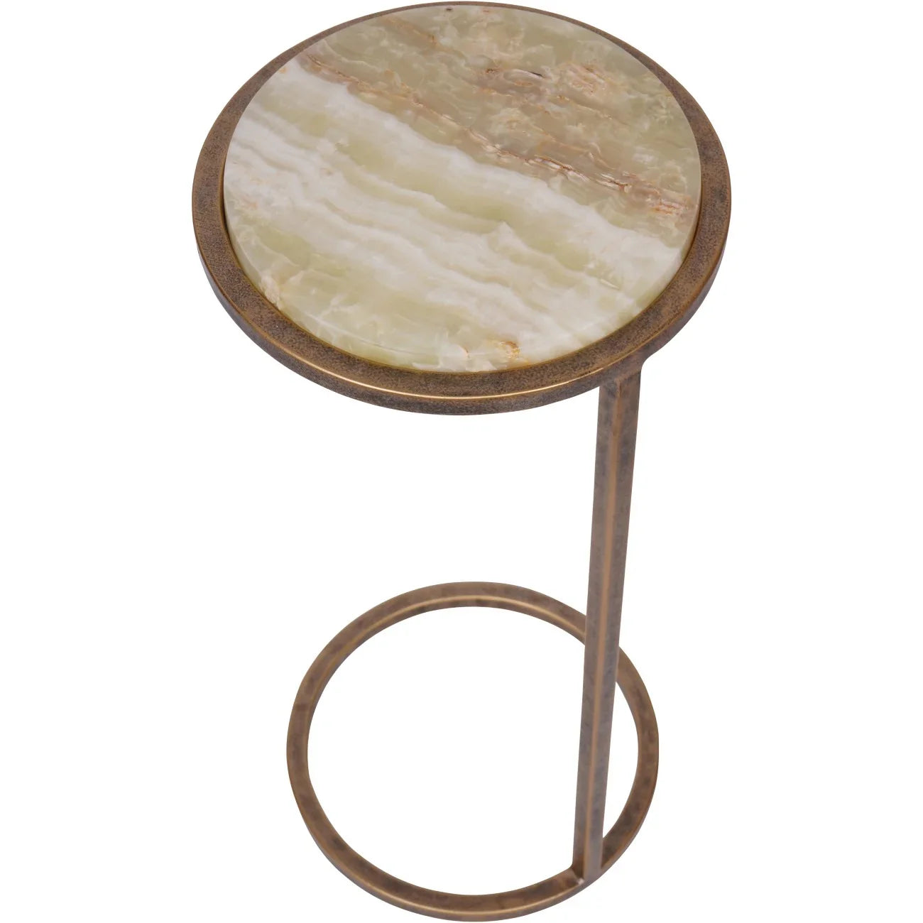 Round green onyx tabletop with bronze metal frame and circular base.