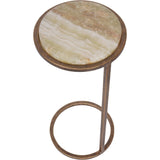 Round green onyx tabletop with bronze metal frame and circular base.