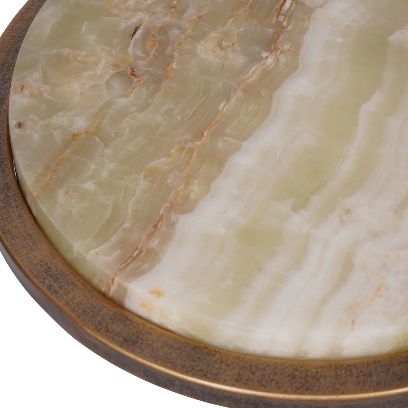Green onyx tabletop with swirling patterns and a bronze metal edge.