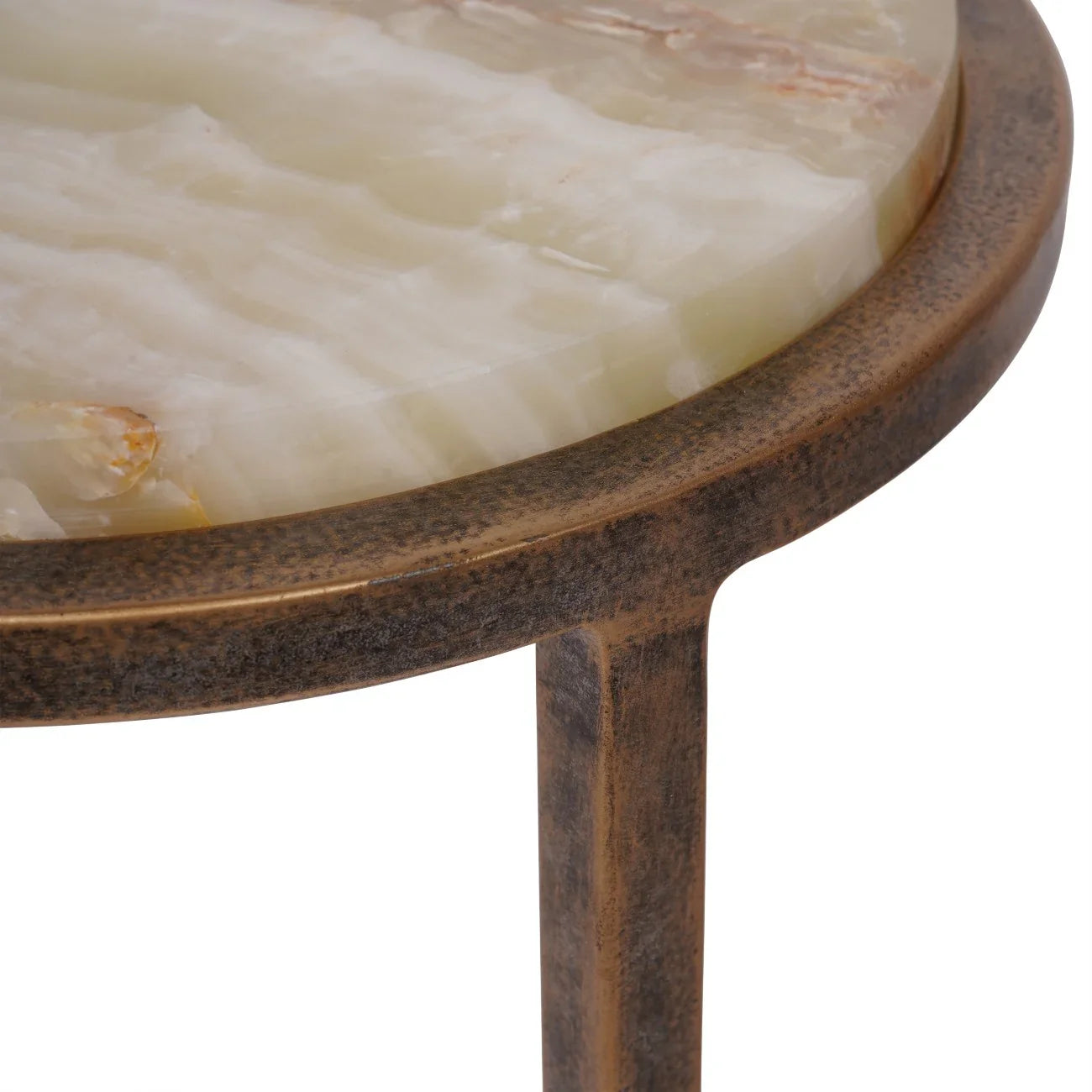 Green onyx tabletop with textured metal edge and leg detail.