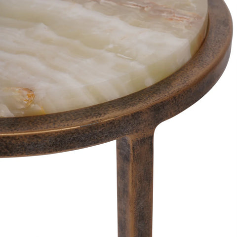 Green onyx tabletop with textured metal edge and leg detail.
