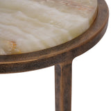 Green onyx tabletop with textured metal edge and leg detail.