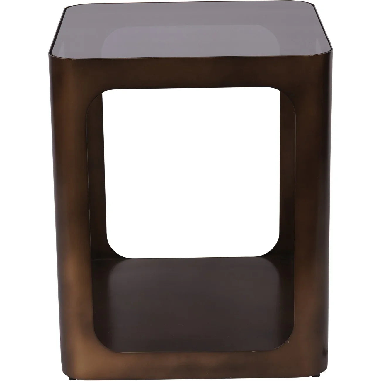 Bronze metal side table with a square glass top and open sides.