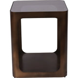 Bronze metal side table with a square glass top and open sides.