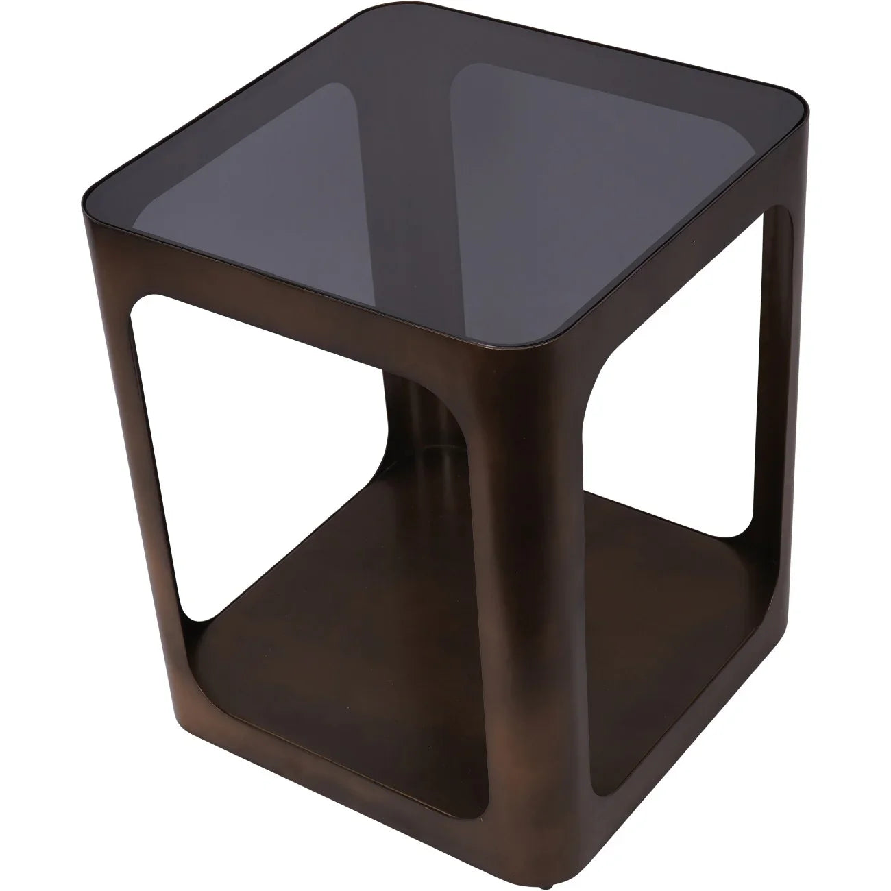 Dark bronze square side table with glass top and open sides.