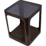 Dark bronze square side table with glass top and open sides.