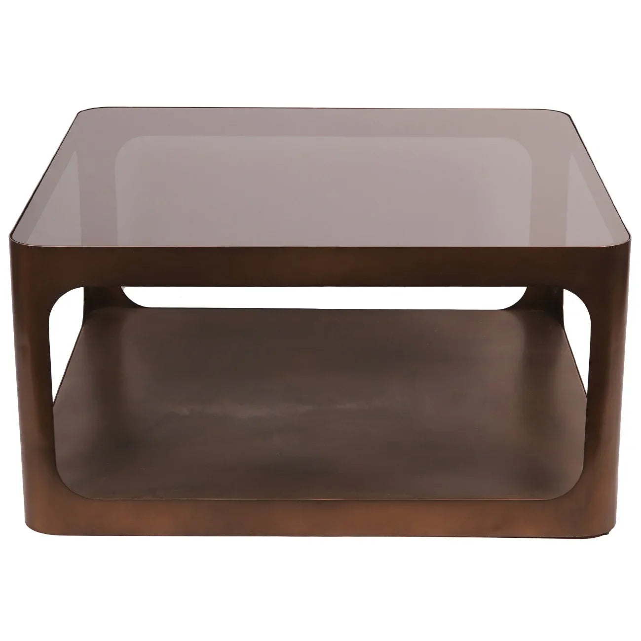 Bronze metal square coffee table with glass top and lower shelf.