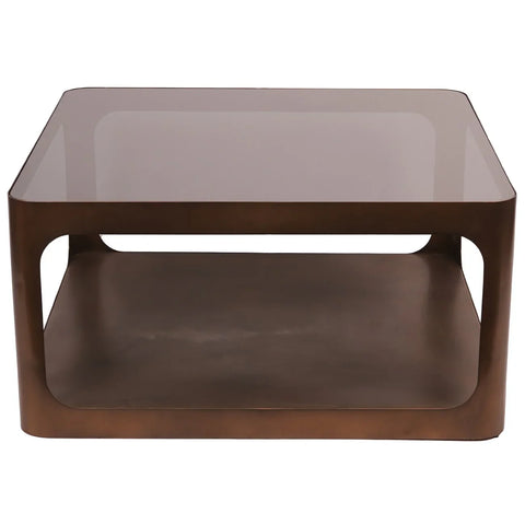Bronze metal square coffee table with glass top and lower shelf.
