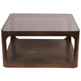 Bronze metal square coffee table with glass top and lower shelf.