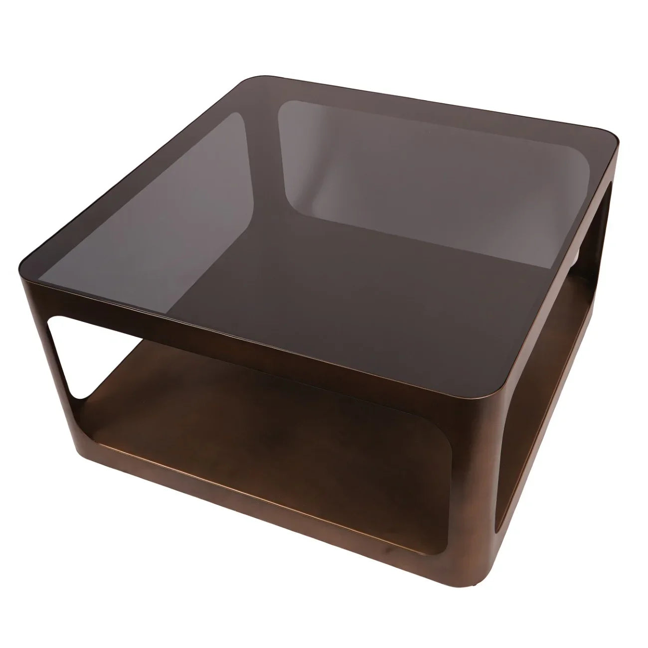 Dark glass square coffee table with bronze metal frame and lower shelf.