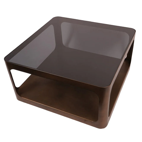 Dark glass square coffee table with bronze metal frame and lower shelf.
