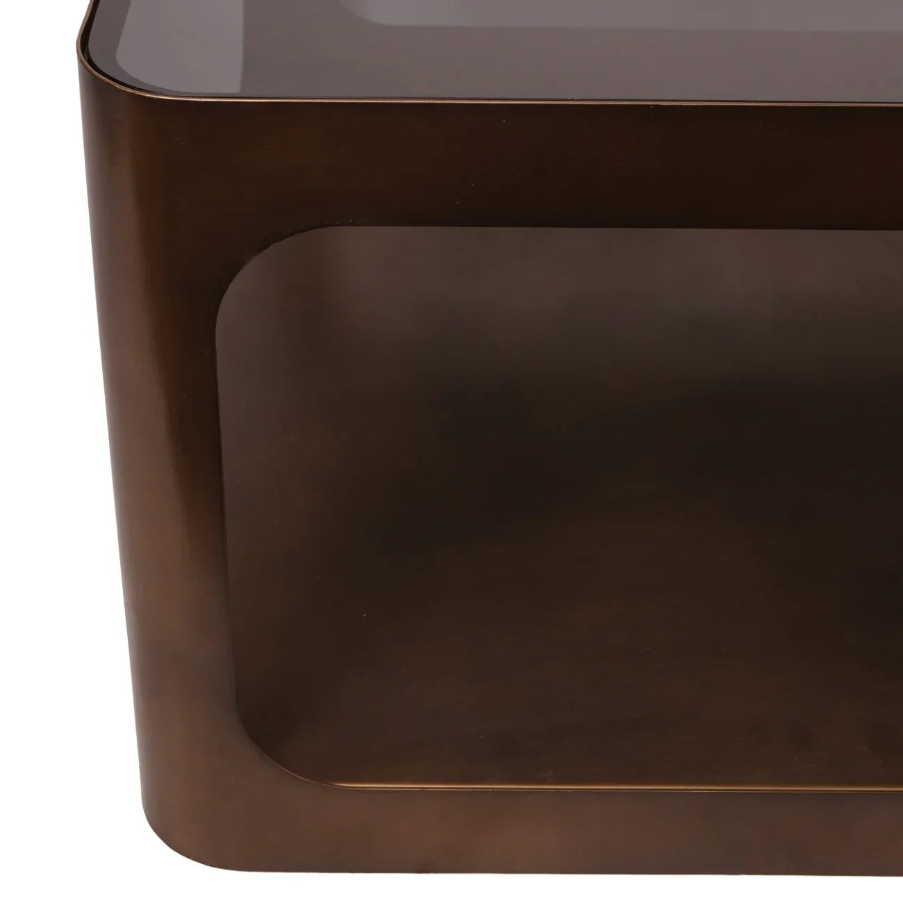 Bronze metal coffee table corner with glass top detail.