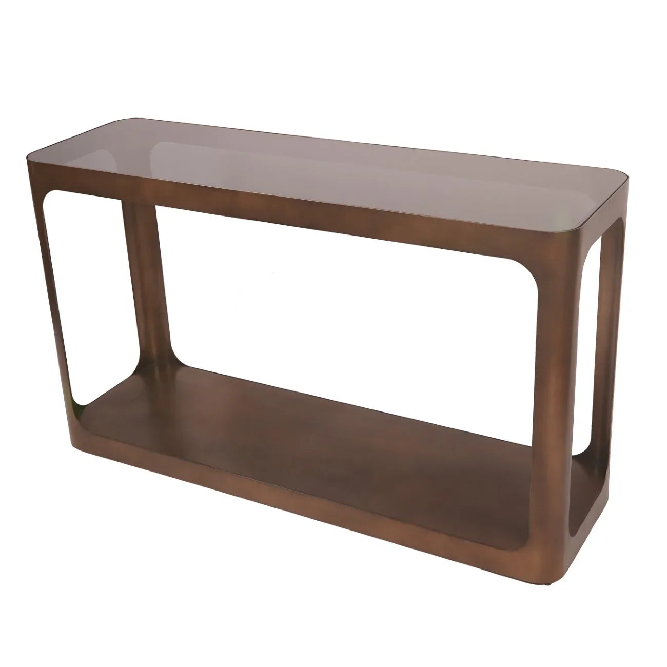 Bronze metal console table with glass top and open rectangular design.