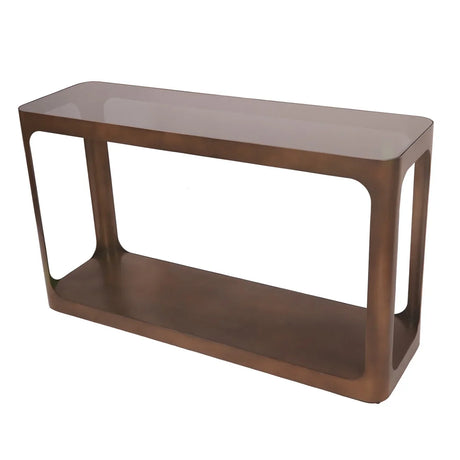 Bronze metal console table with glass top and open rectangular design.