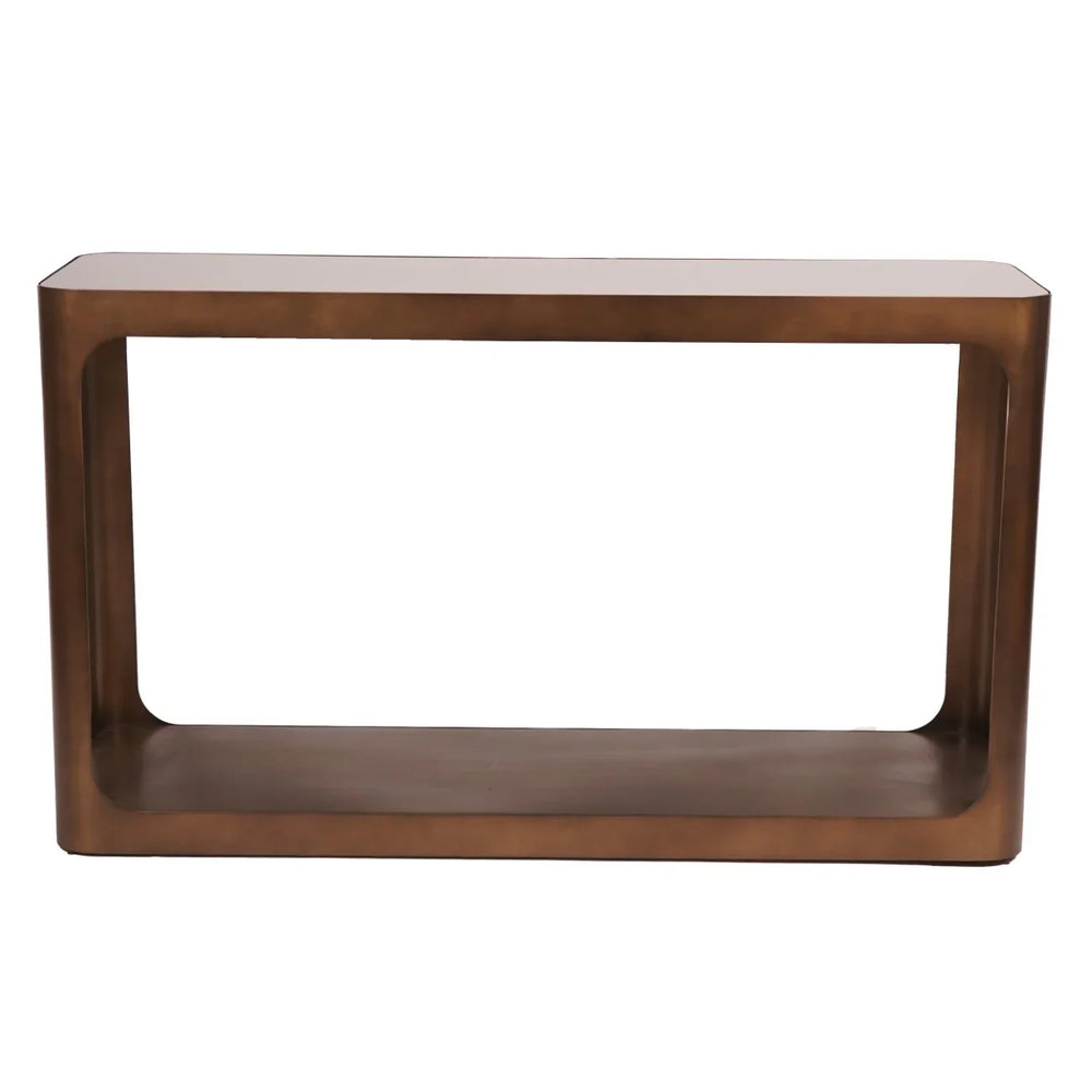 Bronze metal console table with open rectangular design.