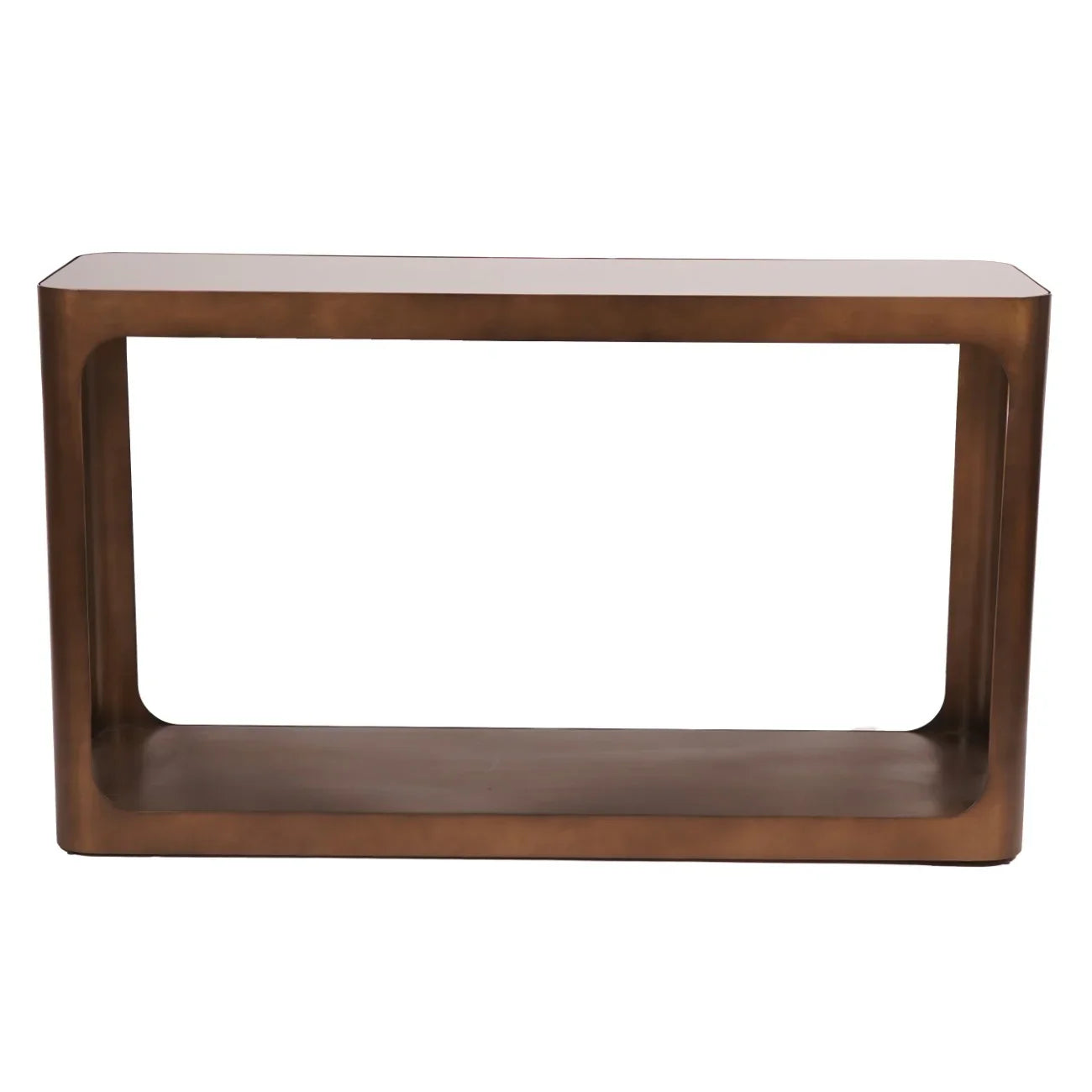 Bronze metal console table with open rectangular design.