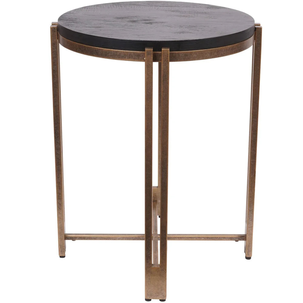 Black round wood top with champagne metal frame side table.