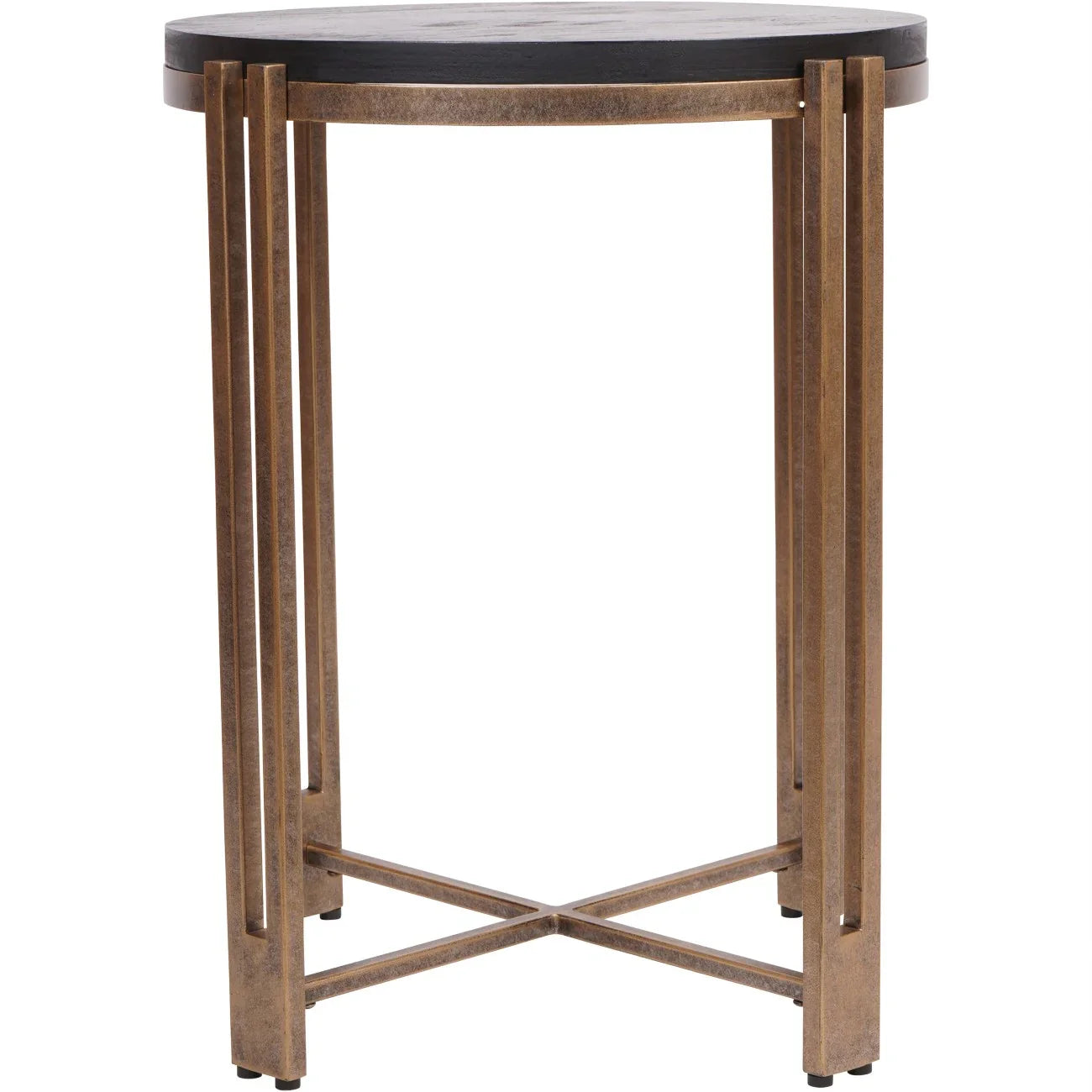 Black round tabletop with champagne metal frame and slender legs.