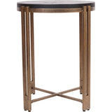 Black round tabletop with champagne metal frame and slender legs.