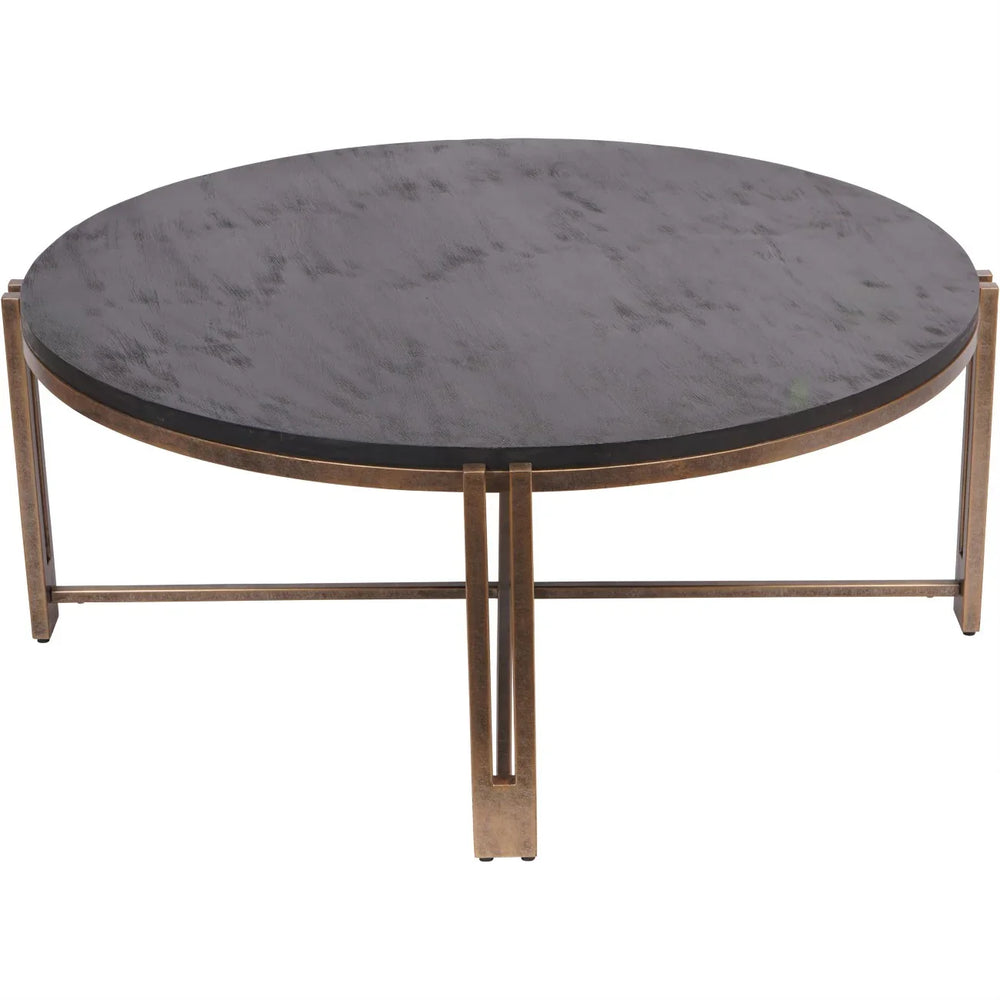 Round black wood table with champagne metal frame.