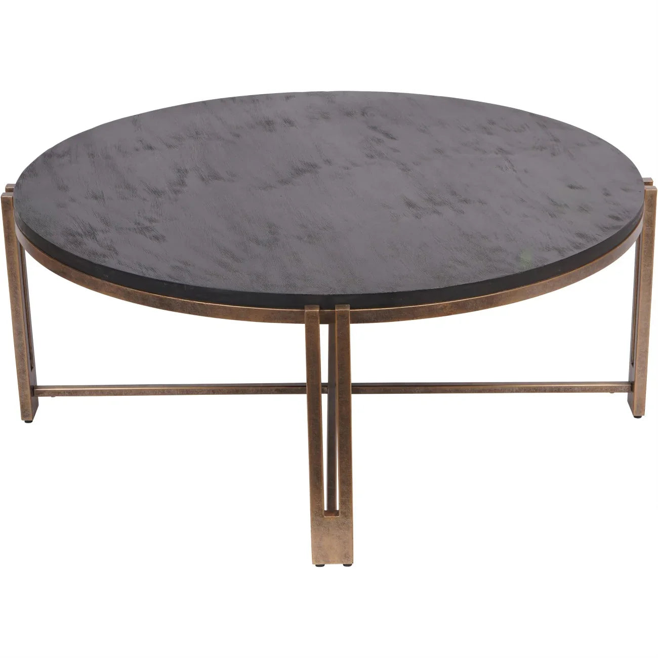 Round black wood table with champagne metal frame.