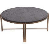 Round black wood table with champagne metal frame.