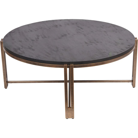Round black wood table with champagne metal frame.