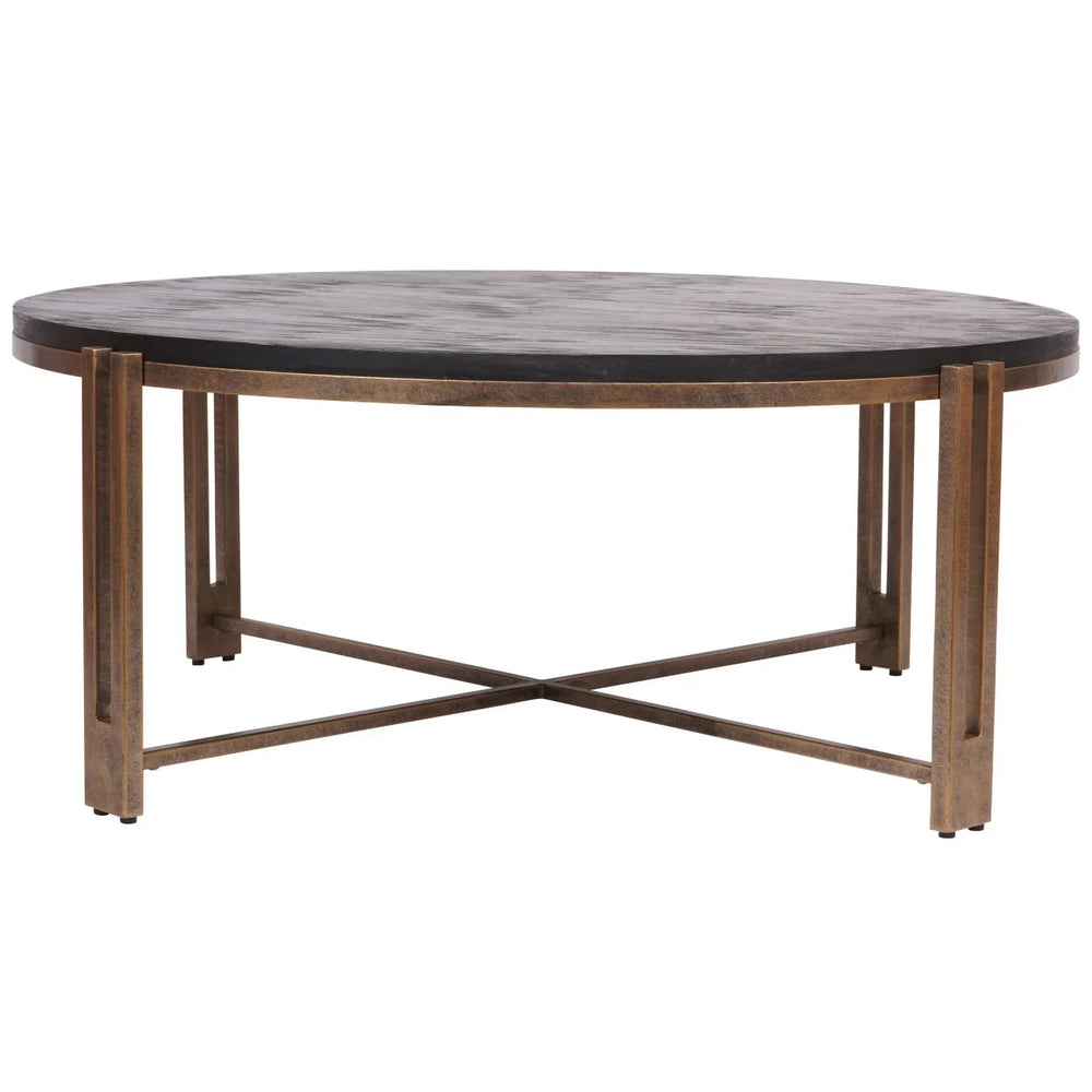 Round black wood coffee table with champagne metal frame.