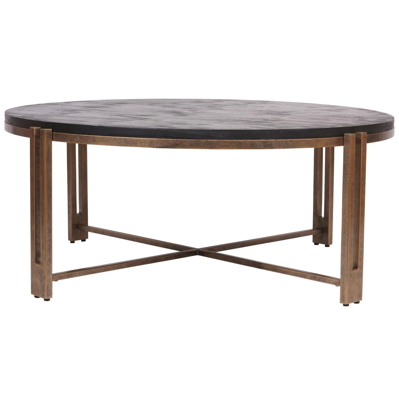 Round black wood coffee table with champagne metal frame.