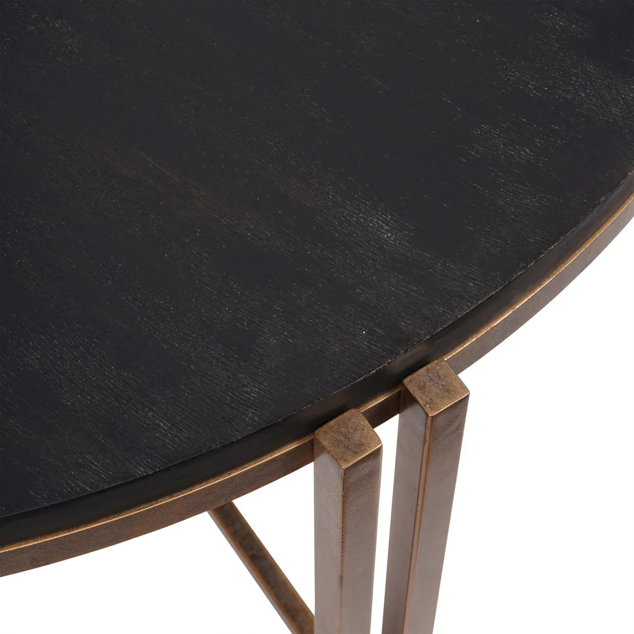 Black wood tabletop with champagne metal legs detail.
